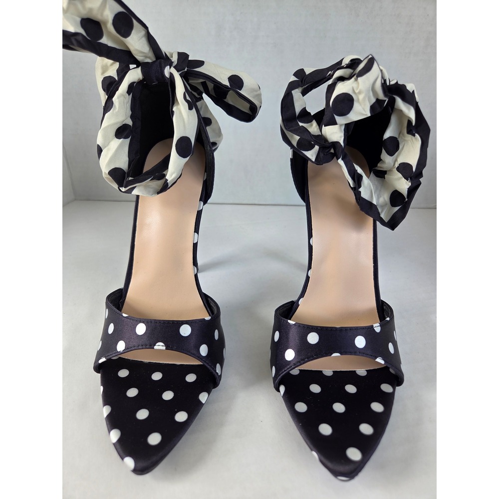 Unbranded Polka Dot Bow Ankle Wrap Sandals Womens 5 Black White Stiletto Heels